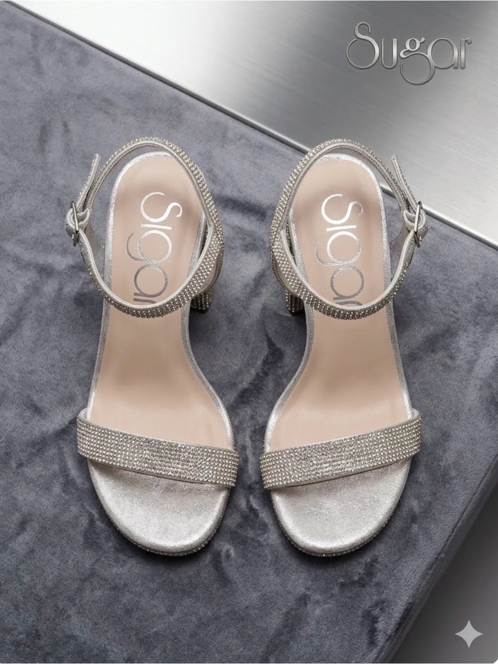 Sugar Silver Vallentina Rhinestone Embellished Block Heel Sandals - Size 10